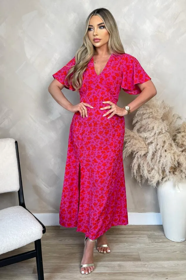 AX Paris Pink And Red Floral Printed VNeck Short Sleeve Midi Dress Women Dresses