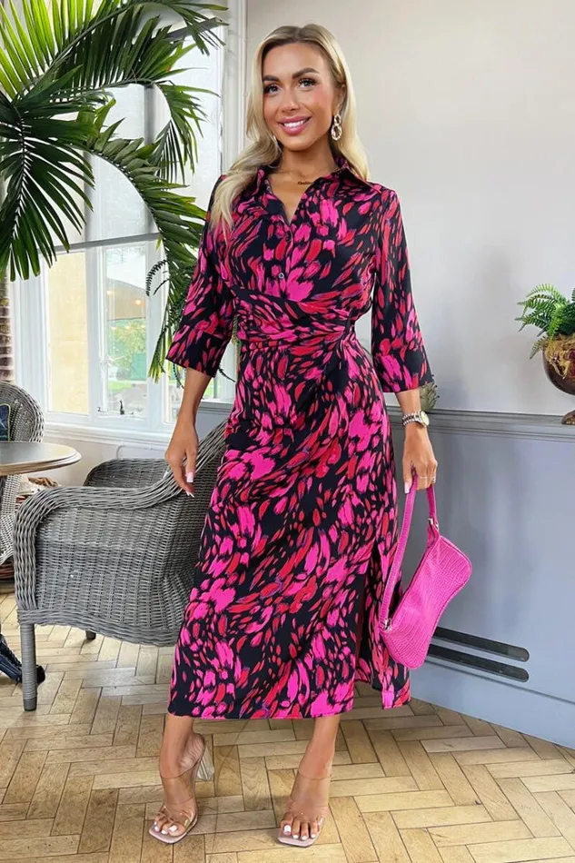 AX Paris Pink And Red Printed Shirt Midi Dress Women Dresses