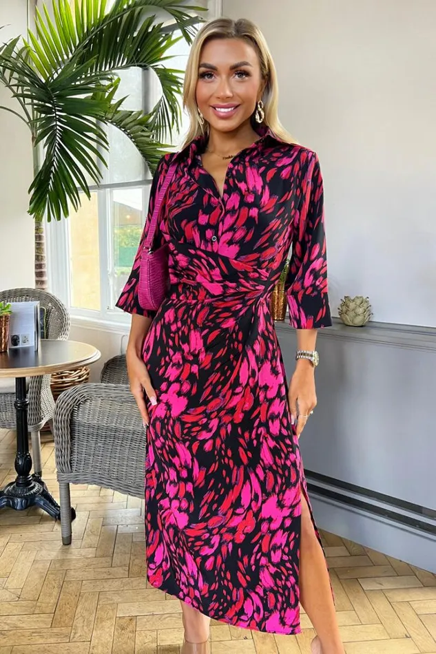 AX Paris Pink And Red Printed Shirt Midi Dress Women Dresses