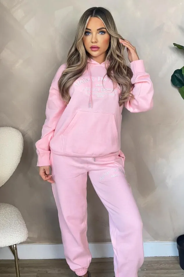 AX Paris Pink Atelier Embroidered Slogan Hoodie Lounge Set Women Loungewear