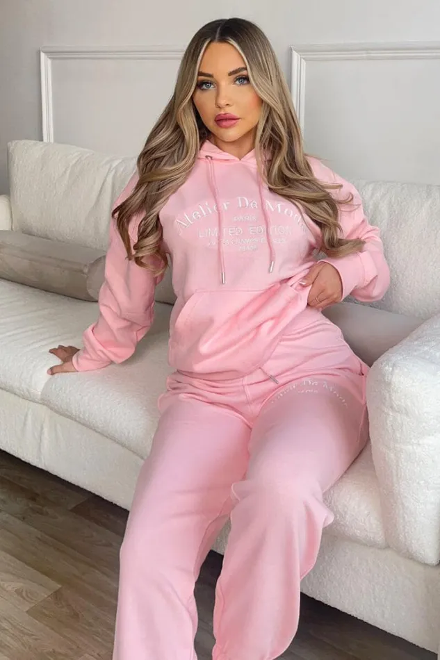 AX Paris Pink Atelier Embroidered Slogan Hoodie Lounge Set Women Loungewear