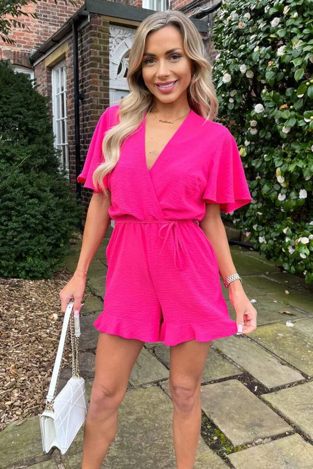 AX Paris Pink Butterfly Sleeve Wrap Top Tie Waist Playsuit Women Jumpsuits And Playsuits AX Paris Pink Butterfly Sleeve Wrap Top Tie Waist Playsuit Women Jumpsuits And Playsuits