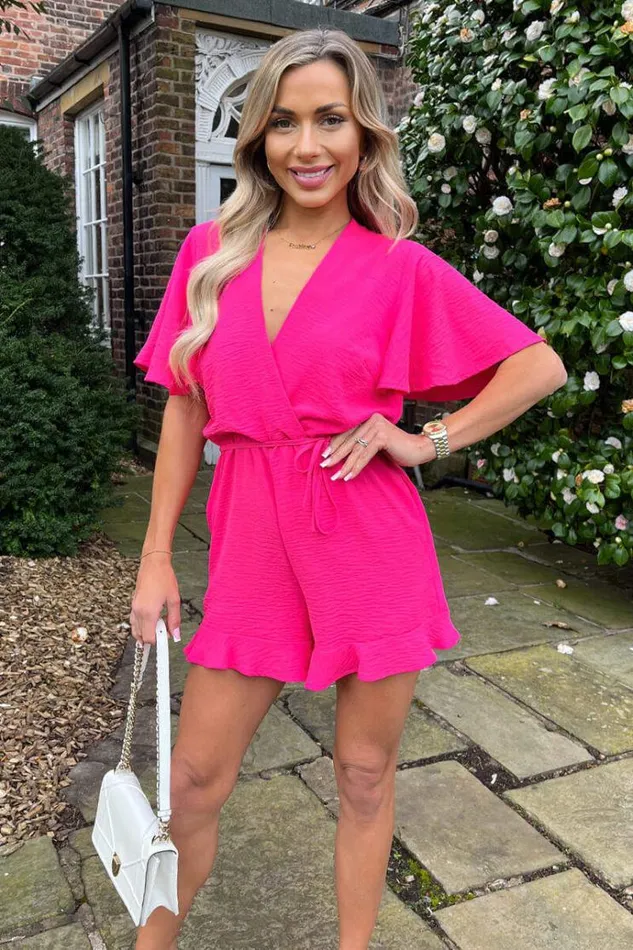 AX Paris Pink Butterfly Sleeve Wrap Top Tie Waist Playsuit Women Jumpsuits And Playsuits