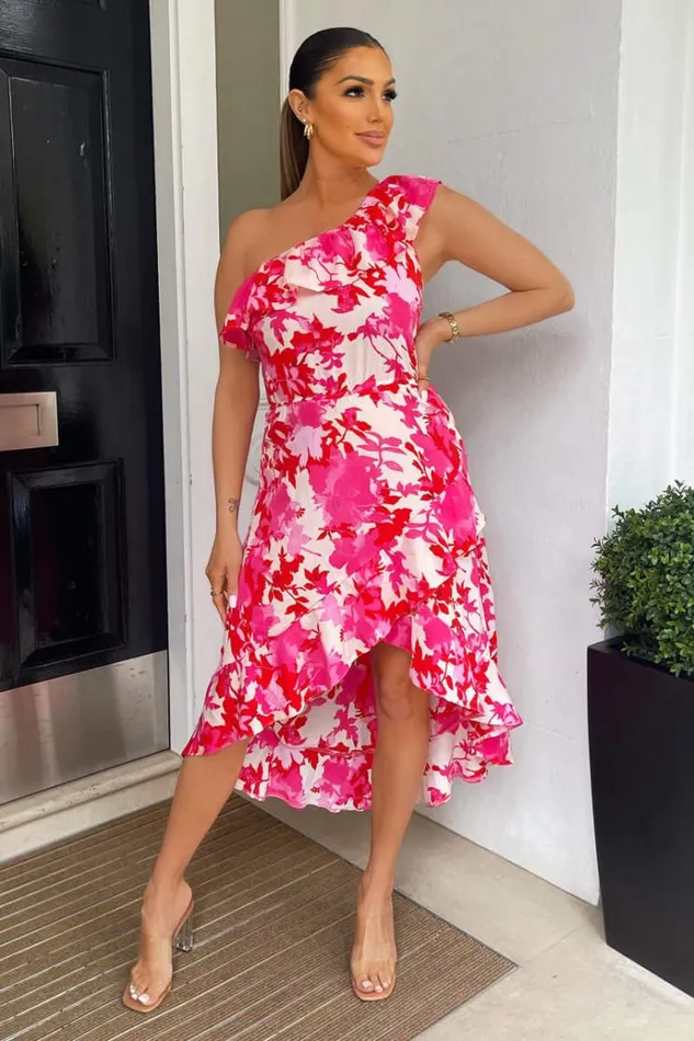 AX Paris Pink Floral One Shoulder Frill Detail Dipped Hem Dress Women Dresses AX Paris Pink Floral One Shoulder Frill Detail Dipped Hem Dress Women Dresses