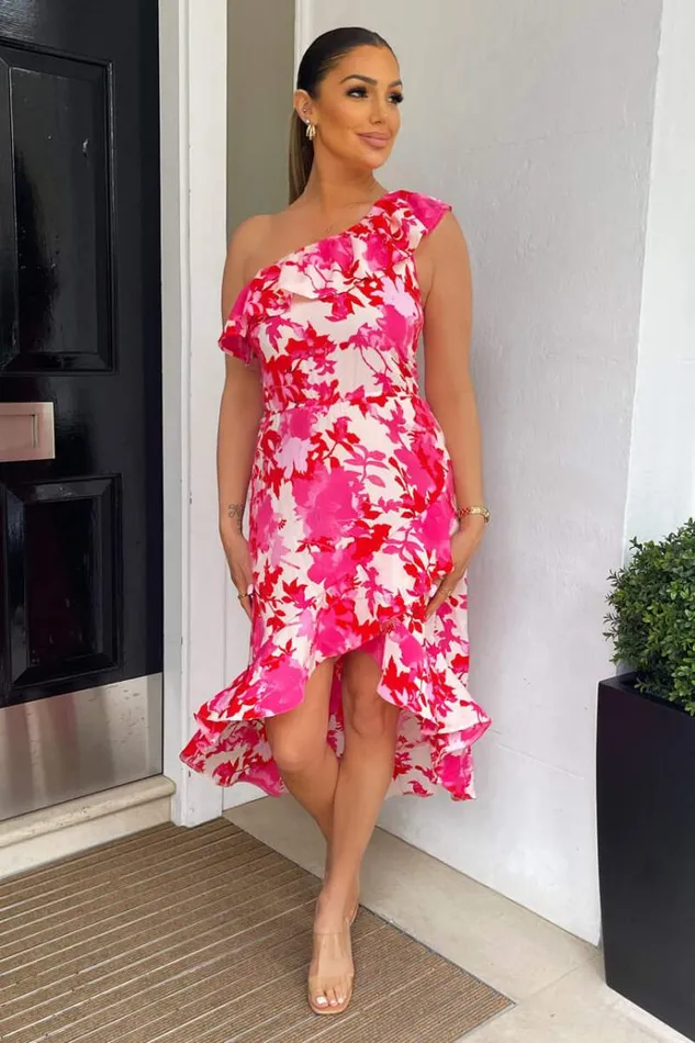 AX Paris Pink Floral One Shoulder Frill Detail Dipped Hem Dress Women Dresses