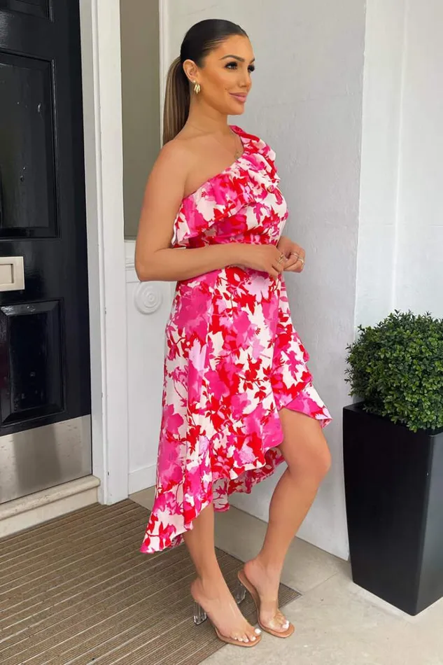 AX Paris Pink Floral One Shoulder Frill Detail Dipped Hem Dress Women Dresses
