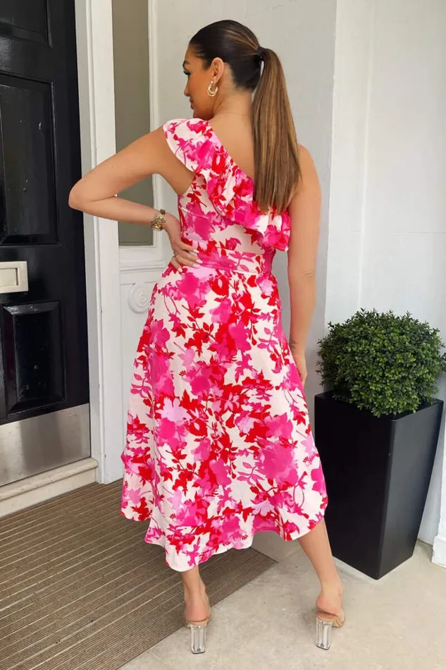 AX Paris Pink Floral One Shoulder Frill Detail Dipped Hem Dress Women Dresses