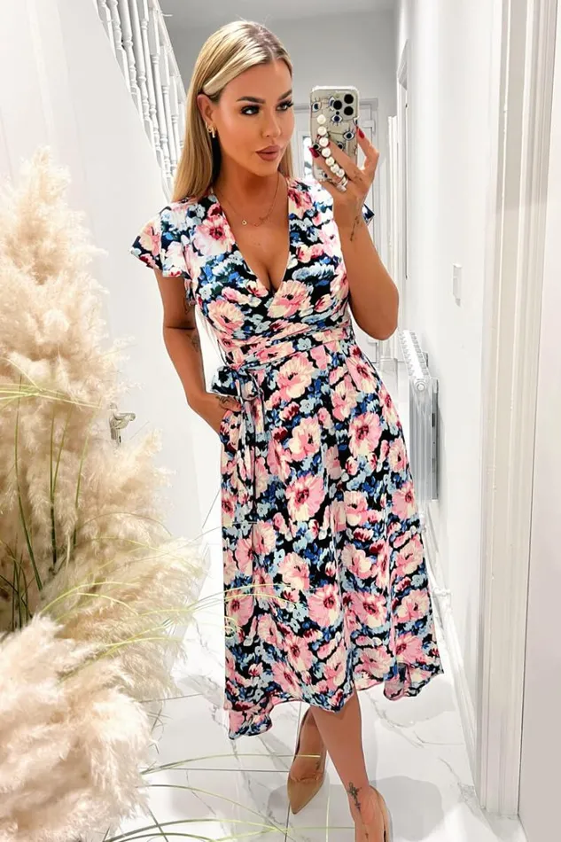 AX Paris Pink Floral Print Short Sleeve Belted Wrap Midi Dress Women Dresses