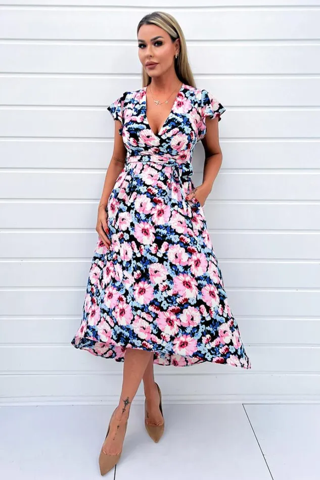 AX Paris Pink Floral Print Short Sleeve Belted Wrap Midi Dress Women Dresses
