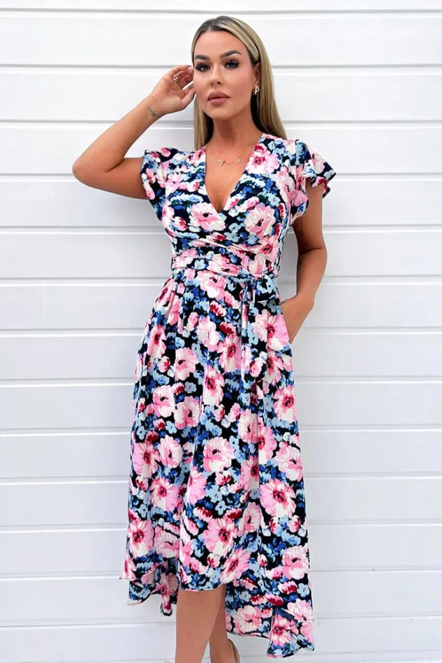 AX Paris Pink Floral Print Short Sleeve Belted Wrap Midi Dress Women Dresses