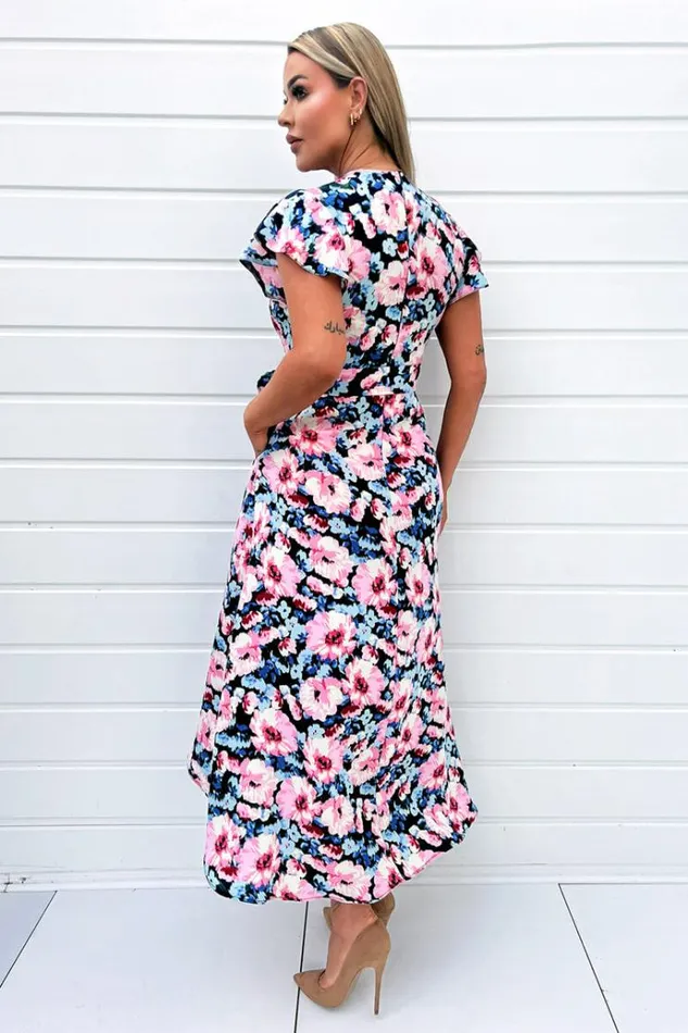 AX Paris Pink Floral Print Short Sleeve Belted Wrap Midi Dress Women Dresses