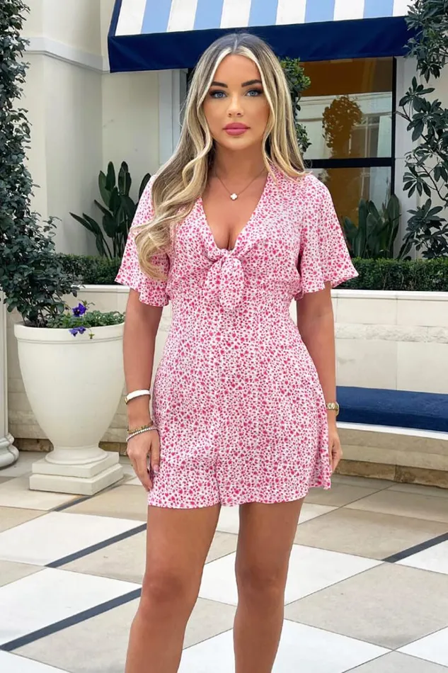 AX Paris Pink Floral Printed Tie Front Playsuit Women Jumpsuits And Playsuits