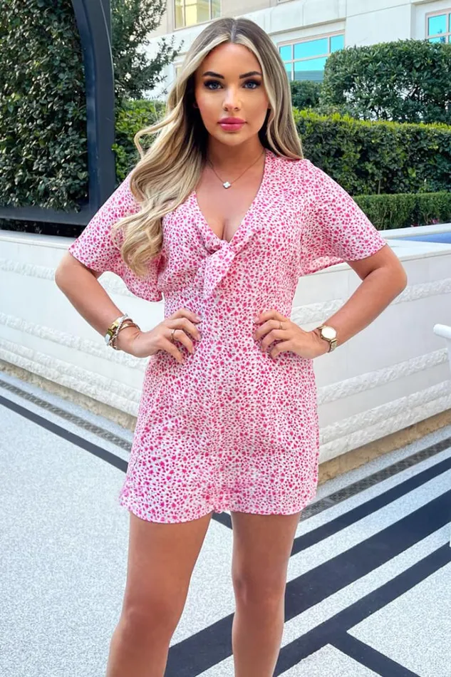AX Paris Pink Floral Printed Tie Front Playsuit Women Jumpsuits And Playsuits