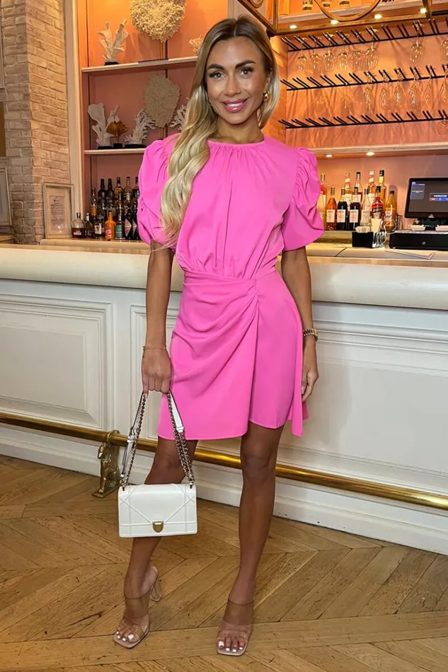 AX Paris Pink Short Puff Sleeve Drape Skirt Mini Dress Women Dresses