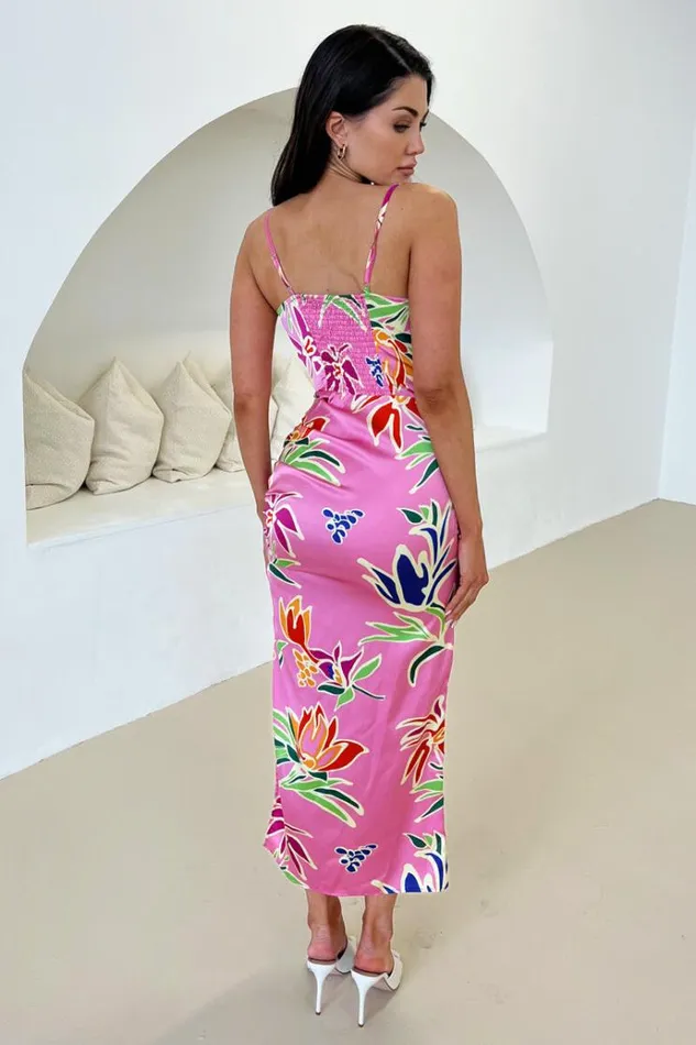 AX Paris Pink Tropical Print Cowl Neck Ruched Side Strappy Midi Dress Women Dresses