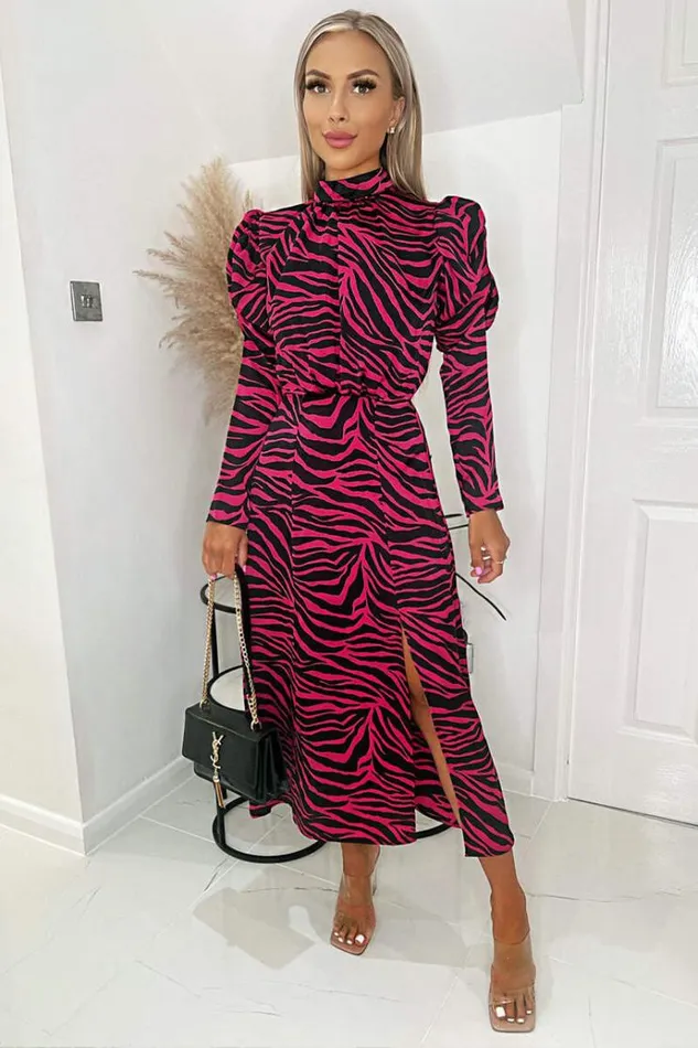 AX Paris Pink Zebra Print Long Puff Sleeve Midi Dress Women Dresses