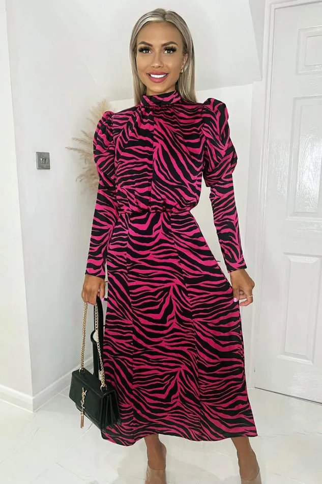 AX Paris Pink Zebra Print Long Puff Sleeve Midi Dress Women Dresses