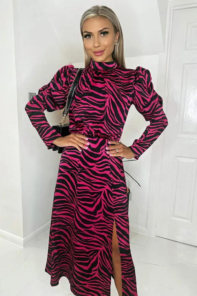 AX Paris Pink Zebra Print Long Puff Sleeve Midi Dress Women Dresses