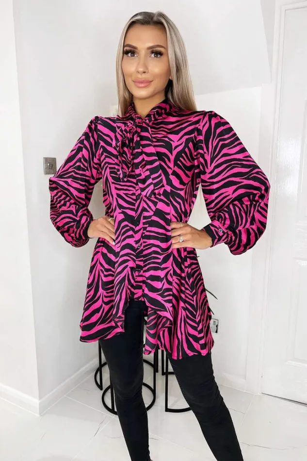 AX Paris Pink Zebra Print Tie Neck Shirt Women Tops