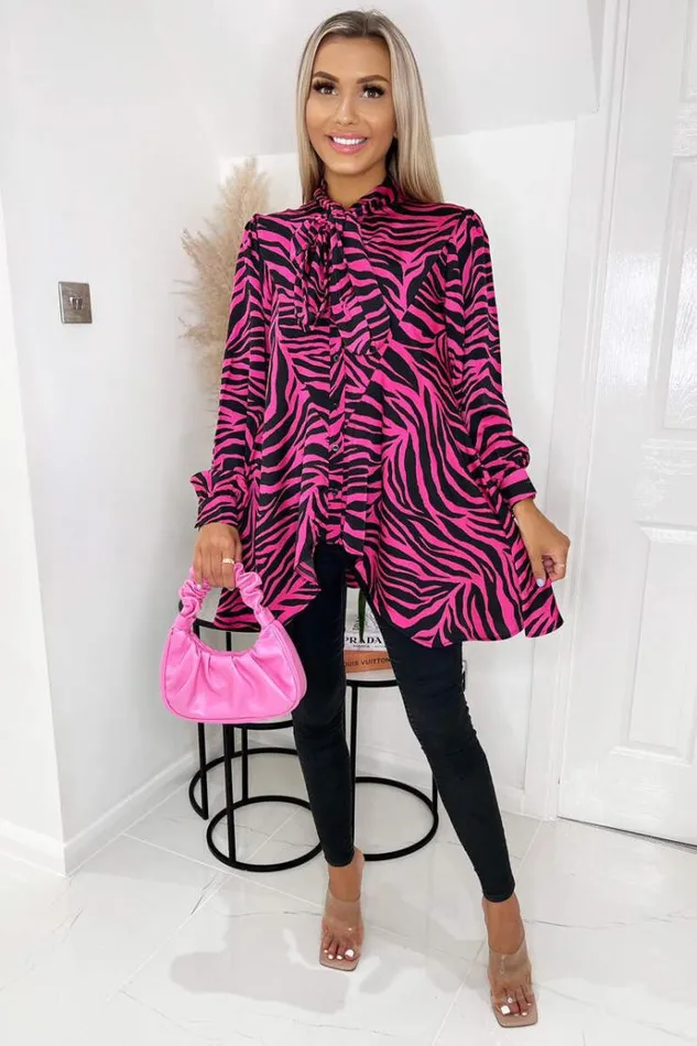 AX Paris Pink Zebra Print Tie Neck Shirt Women Tops