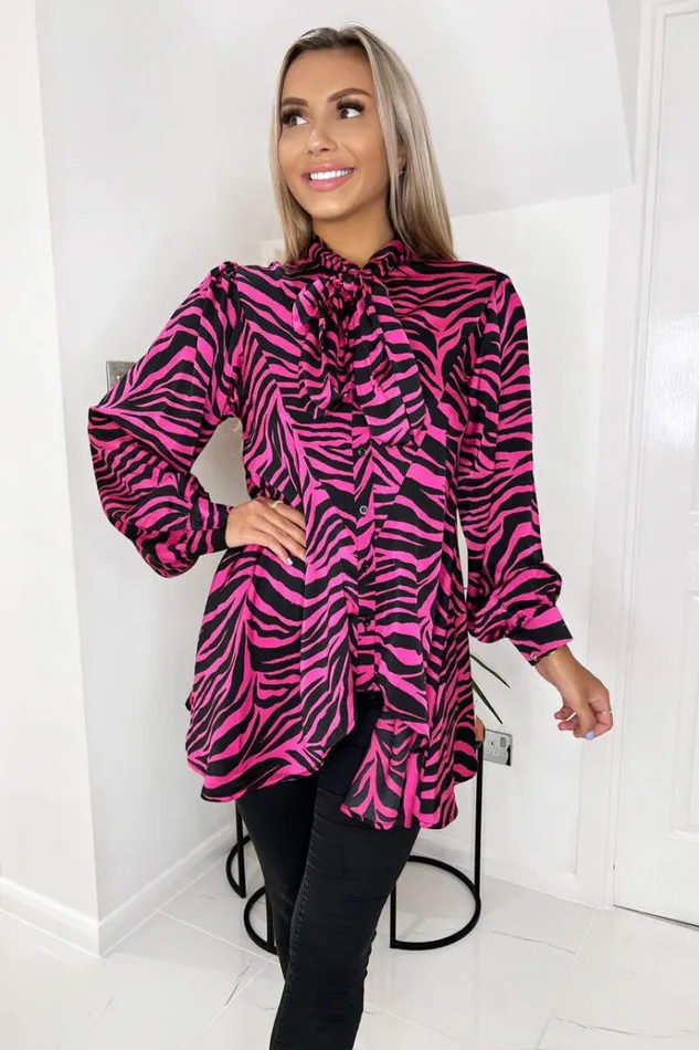 AX Paris Pink Zebra Print Tie Neck Shirt Women Tops