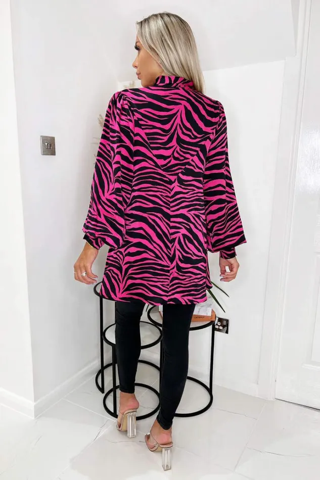 AX Paris Pink Zebra Print Tie Neck Shirt Women Tops