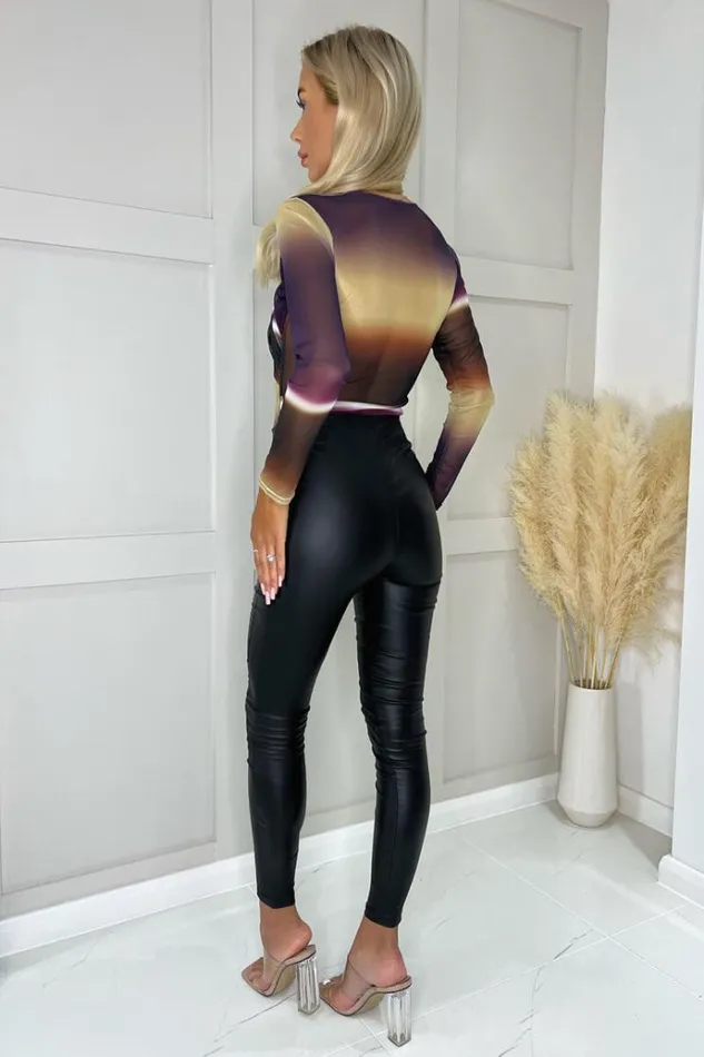 AX Paris Plum Abstract Print Mesh Long Sleeve Bodysuit Women Bodysuits