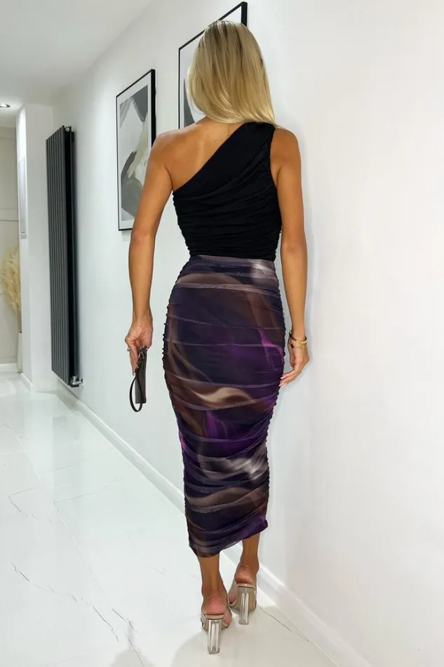 AX Paris Plum Abstract Print Mesh Ruched Midi Skirt Women Skirts and Shorts