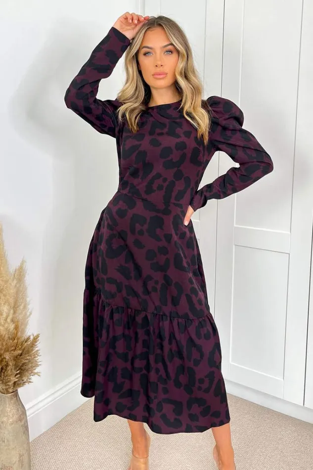 AX Paris Plum And Black Animal Print Long Sleeve Midi Smock Dress Women Dresses AX Paris Plum And Black Animal Print Long Sleeve Midi Smock Dress Women Dresses