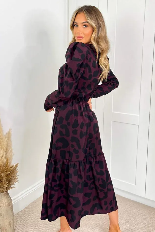 AX Paris Plum And Black Animal Print Long Sleeve Midi Smock Dress Women Dresses