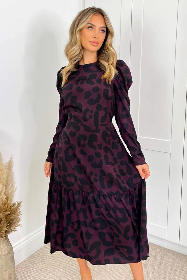 AX Paris Plum And Black Animal Print Long Sleeve Midi Smock Dress Women Dresses