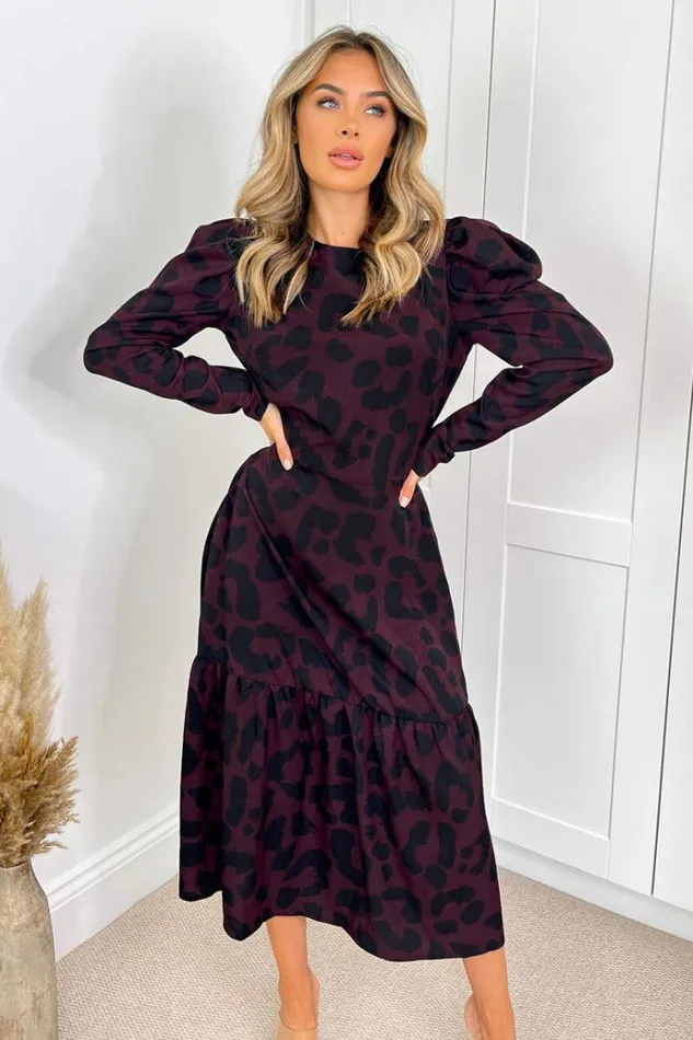 AX Paris Plum And Black Animal Print Long Sleeve Midi Smock Dress Women Dresses