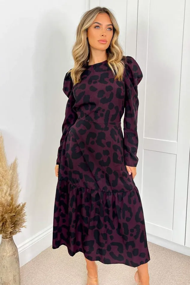AX Paris Plum And Black Animal Print Long Sleeve Midi Smock Dress Women Dresses