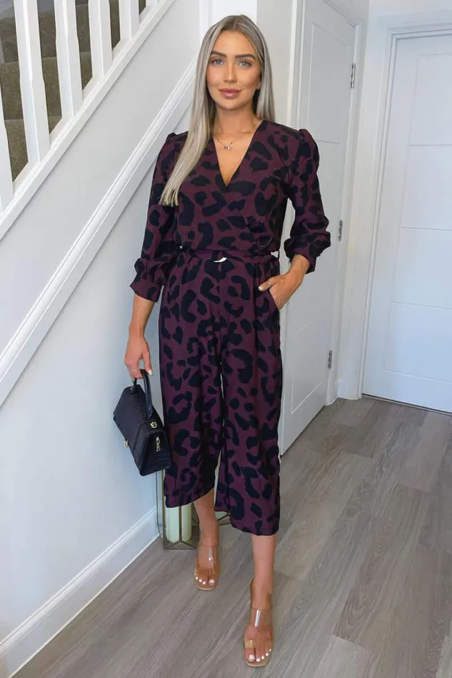 AX Paris Plum And Black Printed Belted Long Sleeve Jumpsuit Women Jumpsuits And Playsuits AX Paris Plum And Black Printed Belted Long Sleeve Jumpsuit Women Jumpsuits And Playsuits