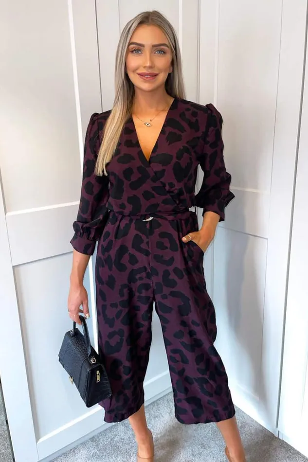 AX Paris Plum And Black Printed Belted Long Sleeve Jumpsuit Women Jumpsuits And Playsuits