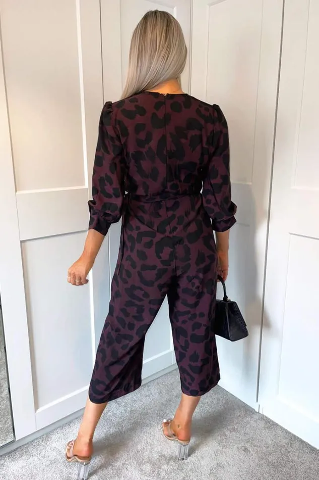 AX Paris Plum And Black Printed Belted Long Sleeve Jumpsuit Women Jumpsuits And Playsuits