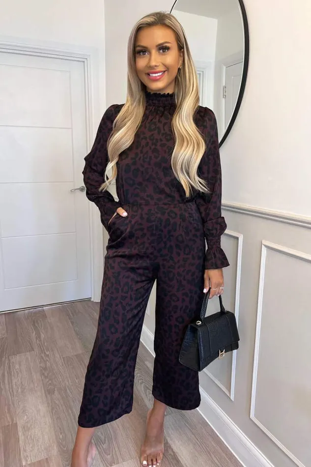 AX Paris Plum Animal Print High Neck Long Sleeve Jumpsuit Women Jumpsuits And Playsuits AX Paris Plum Animal Print High Neck Long Sleeve Jumpsuit Women Jumpsuits And Playsuits