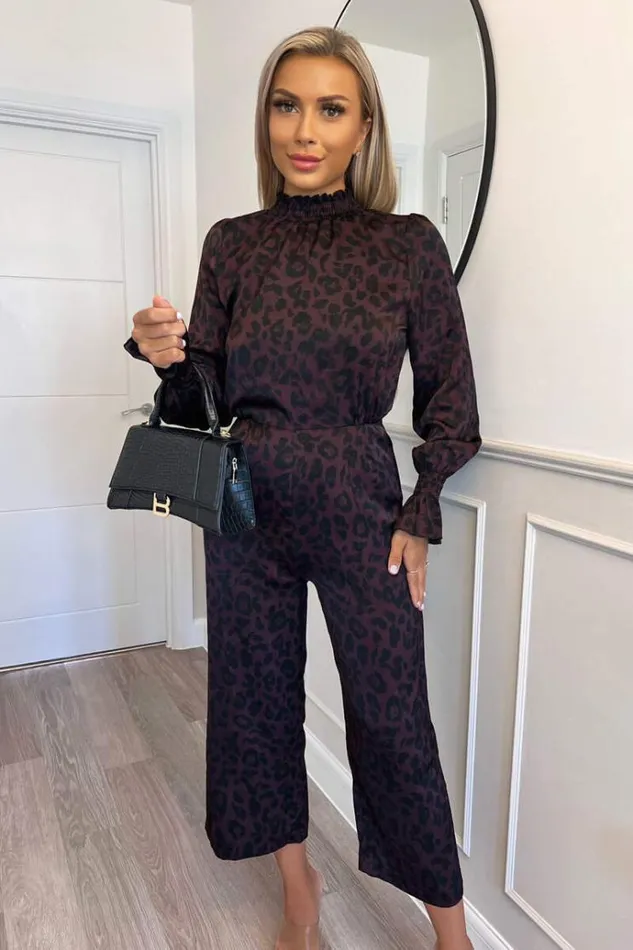 AX Paris Plum Animal Print High Neck Long Sleeve Jumpsuit Women Jumpsuits And Playsuits