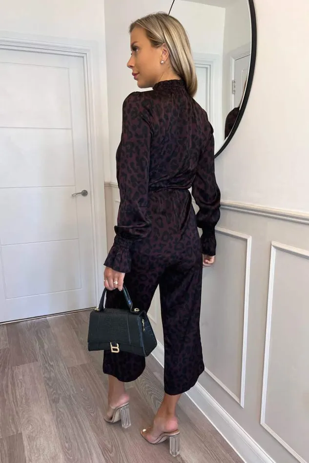 AX Paris Plum Animal Print High Neck Long Sleeve Jumpsuit Women Jumpsuits And Playsuits