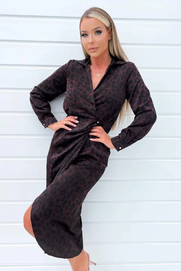 AX Paris Plum Animal Print Long Sleeve Wrap Midi Dress With Gold Buttons Women Dresses
