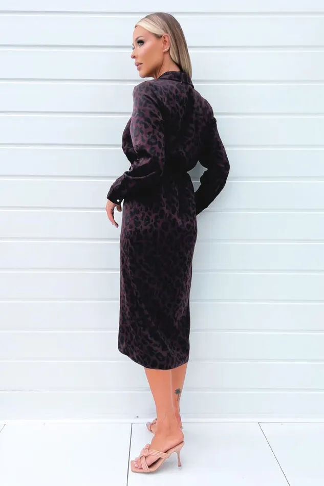 AX Paris Plum Animal Print Long Sleeve Wrap Midi Dress With Gold Buttons Women Dresses