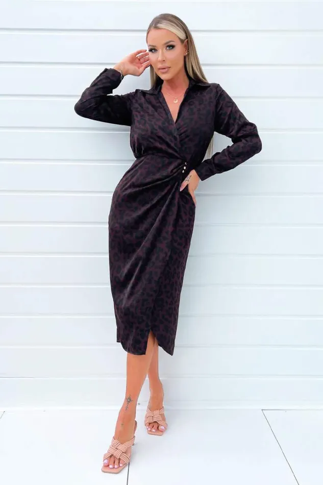 AX Paris Plum Animal Print Long Sleeve Wrap Midi Dress With Gold Buttons Women Dresses