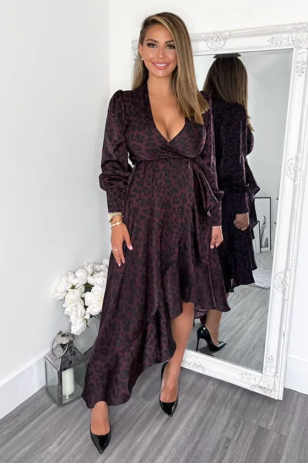 AX Paris Plum Animal Print Long Sleeve Wrap Over Frill Hem Midi Dress Women Dresses AX Paris Plum Animal Print Long Sleeve Wrap Over Frill Hem Midi Dress Women Dresses