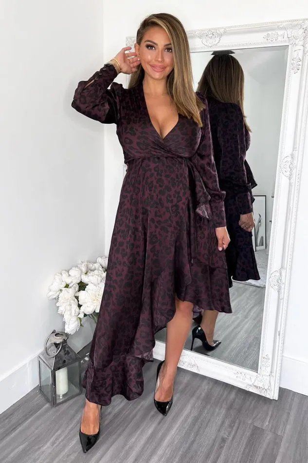 AX Paris Plum Animal Print Long Sleeve Wrap Over Frill Hem Midi Dress Women Dresses