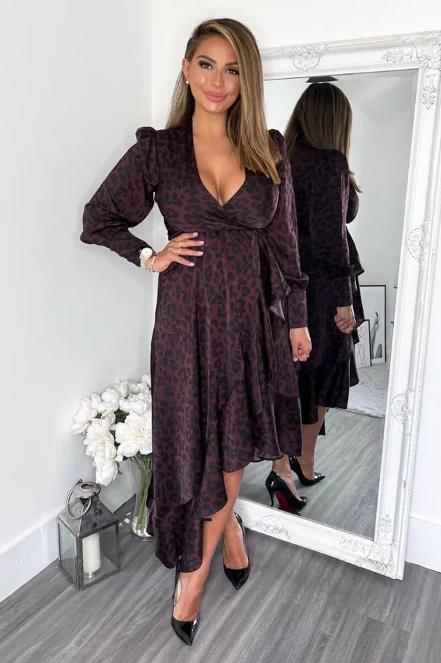AX Paris Plum Animal Print Long Sleeve Wrap Over Frill Hem Midi Dress Women Dresses