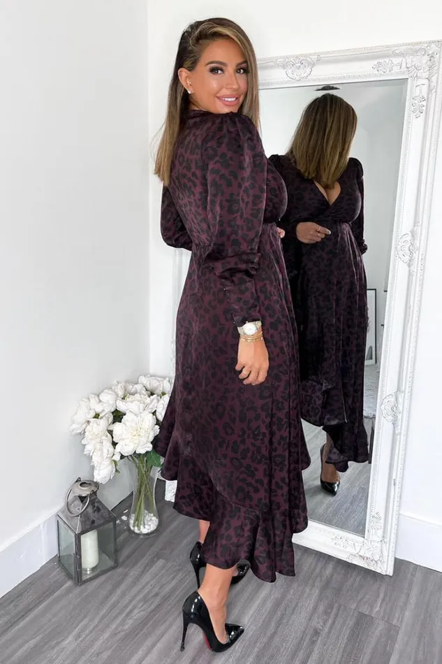AX Paris Plum Animal Print Long Sleeve Wrap Over Frill Hem Midi Dress Women Dresses