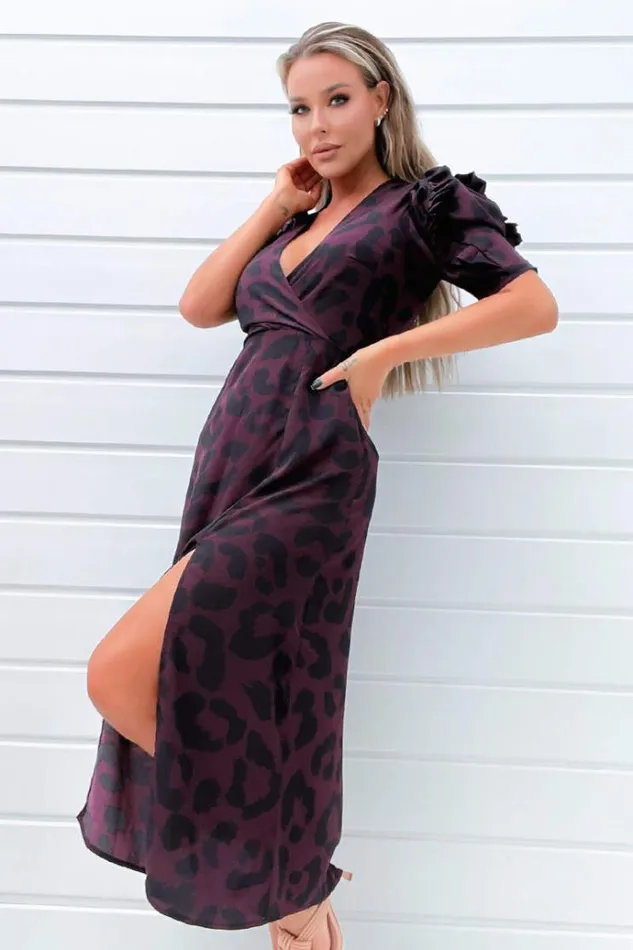 AX Paris Plum Animal Print Pleated Sleeve Midi Dress Women Dresses