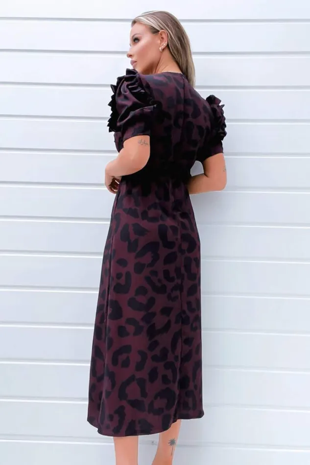AX Paris Plum Animal Print Pleated Sleeve Midi Dress Women Dresses