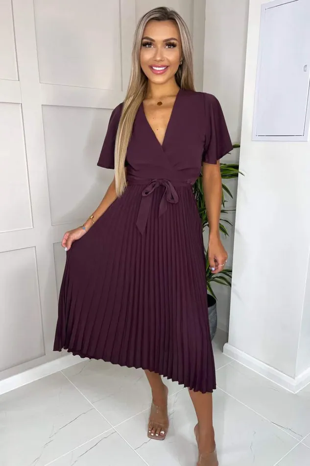 AX Paris Plum Belted Pleated Skirt Midi Dress Women Dresses