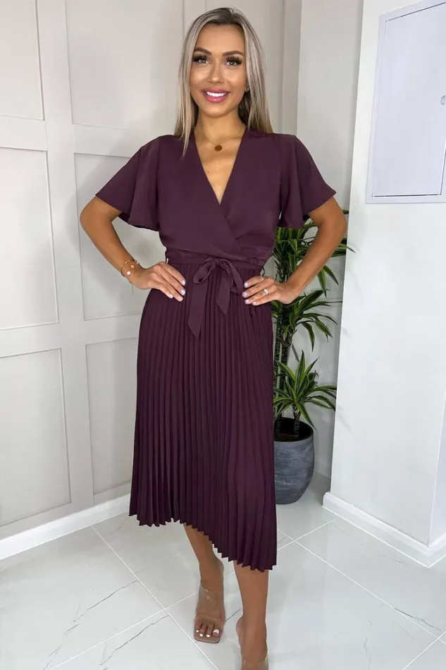 AX Paris Plum Belted Pleated Skirt Midi Dress Women Dresses